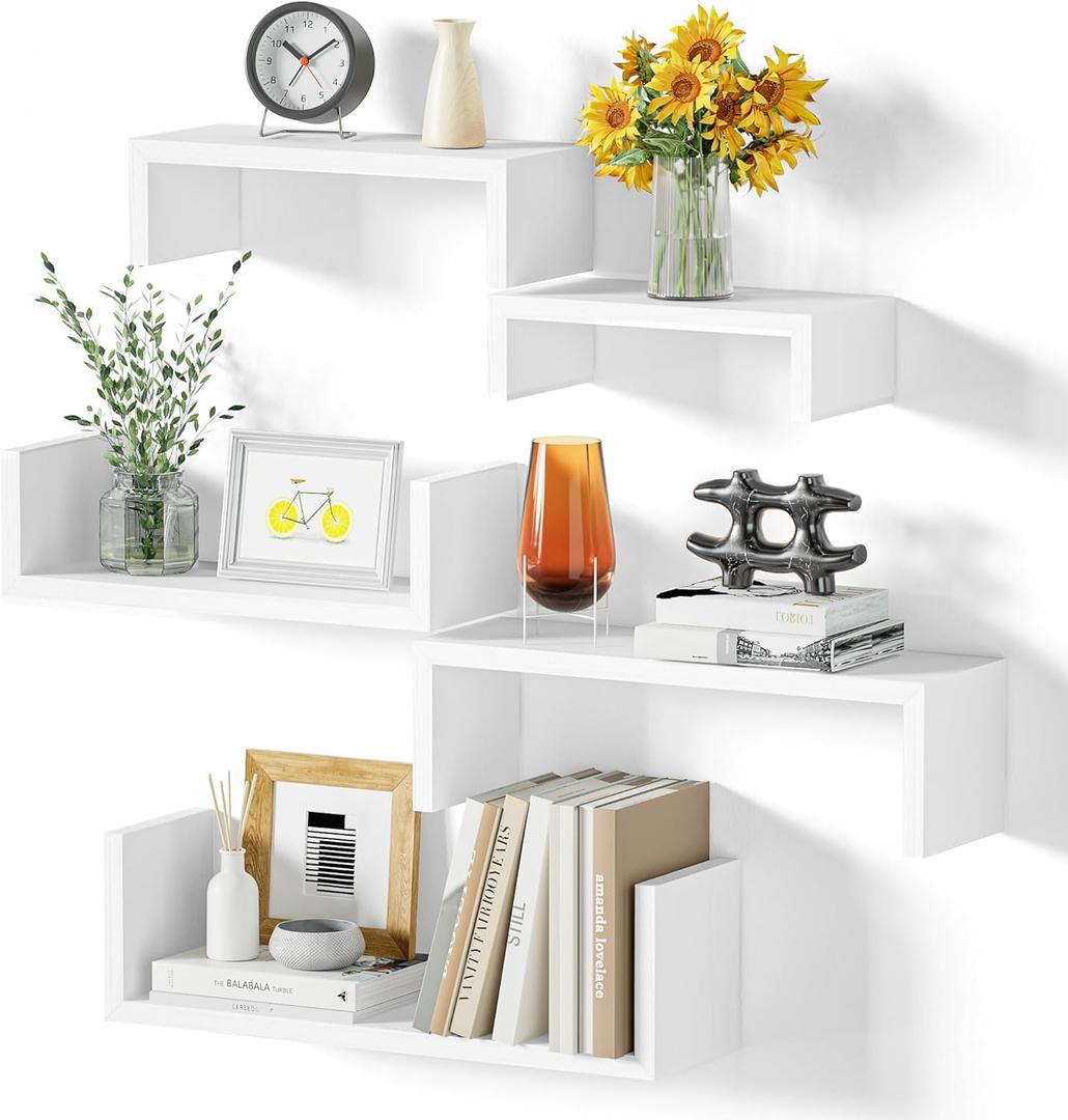 SRIWATANA White Floating Shelves, Set of 5 Solid Wood Wall Mounted Shelves