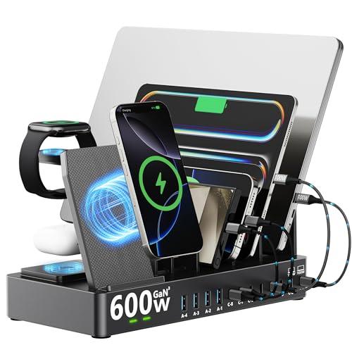 600w Charging Station for Multiple Devices, 15 in 1 Wireless Charging Station for Apple, Dual 100w USB C Tablet Charging Station for MacBook,iPhone,iPad,Tablet(Black)