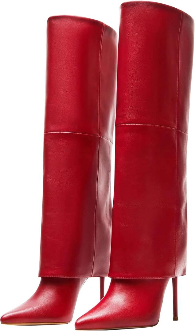 KaroNairy Women’s Knee High Boots, Fold Over Tall High Heel Boots Stiletto Pointed Toe Fashion Dress Boots for Fall Winter Red, Size 8.5