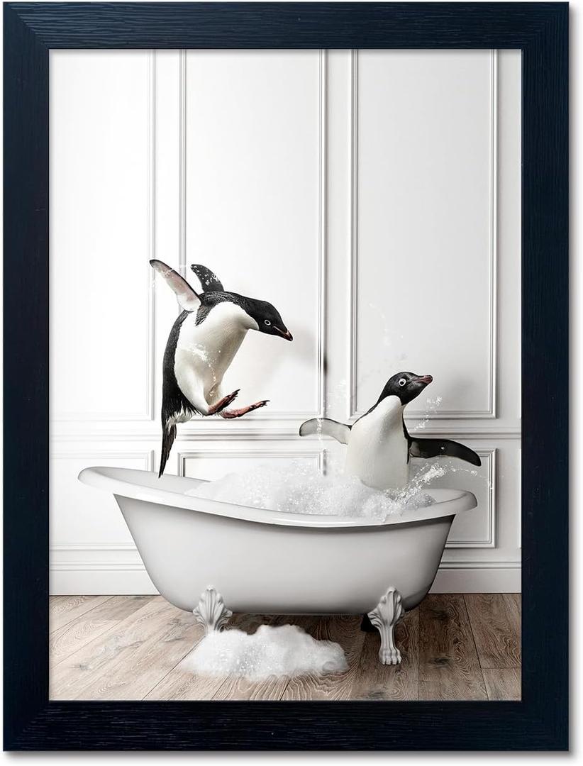 Kids Bathroom Wall Decor Funny Bathroom Wall Art Black and White Wall Decor Cute Penguins in Bathtub Canvas Print Painting Framed Farmhouse Animal Artwork (20"L x 16"W)