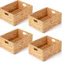 Layhit 4 Pcs Wicker Storage Basket Water Hyacinth Handwoven Baskets with Handles Foldable Woven Organizer Multipurpose Wicker Storage Bins for Bedroom Living Room(16.5 x 13 x 7.5'',Natural)