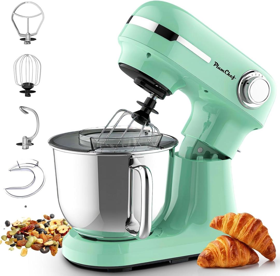 Plum chef 5.5QT Electric Stand Mixer, 12-Speed Tilt-Head Food Mixer, Dough Mixer with Dishwasher Safe Stainless Steel Bowls, Dough Hook, Flat Beater, Whisk, Perfect for 4-6 Family,Light Green