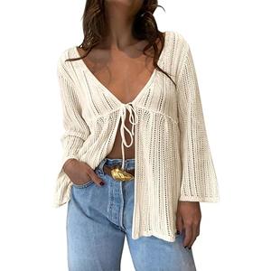 Saodimallsu Womens Summer Lightweight Tie Front Cardigans Crochet Knit Long Bell Sleeve Casual V Neck Beach Cover Ups (Medium, Apricot)