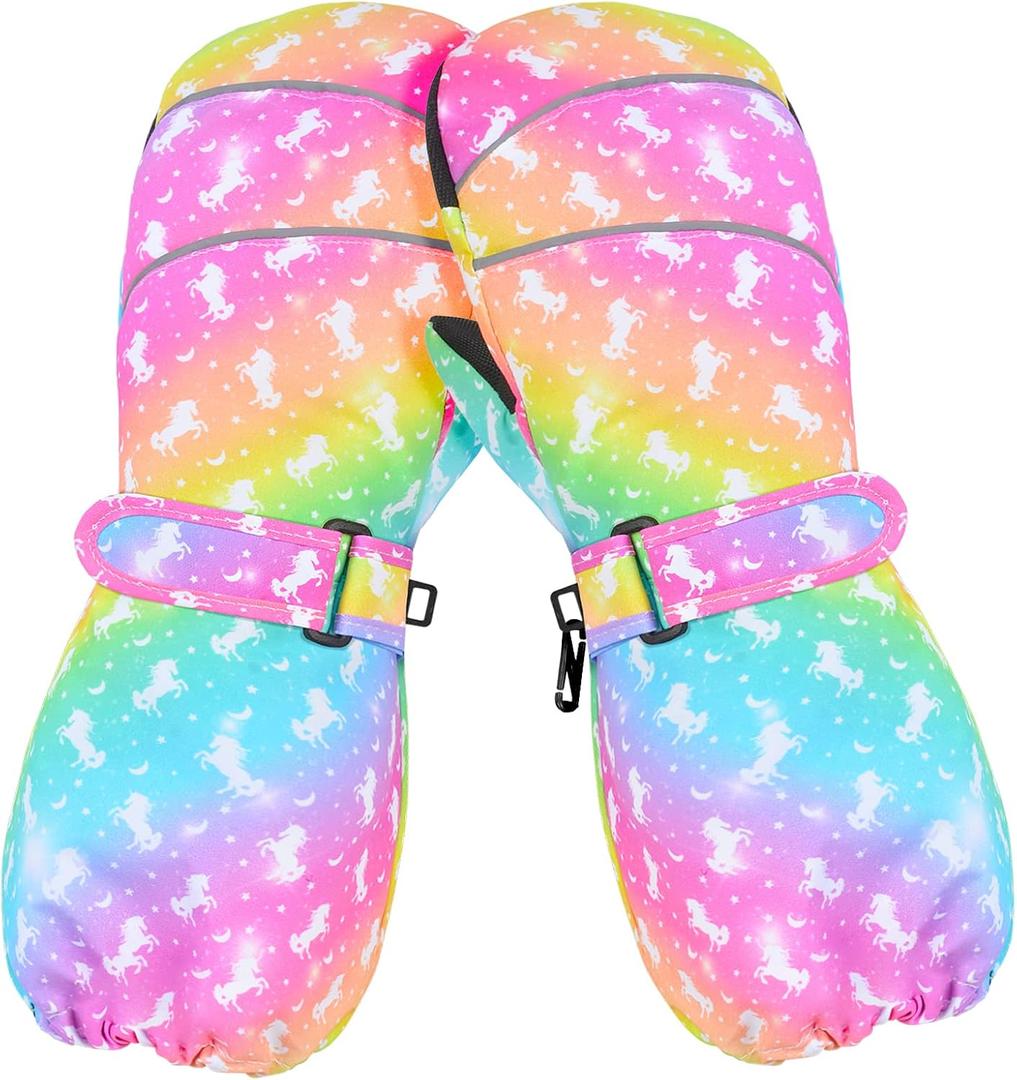 Kids Gloves Winter Toddler Mittens Girls Snow Ski Glove Waterproof Warm Sherpa with Long Cuff Snowboard Gloves (Medium5-9Year, Rainbow Unicorn)