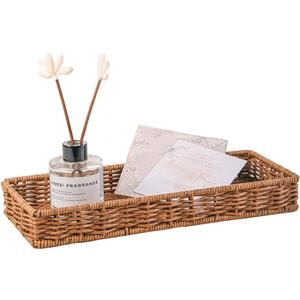 Rattan Bathroom Tray Toilet Tank Basket, Bathroom Sink Vanity Tray Long Narrow, Guest Towel Napkin Holder, Storage Basket Tray for Home Decor, 13.7'' x 5.3" x 1.8''