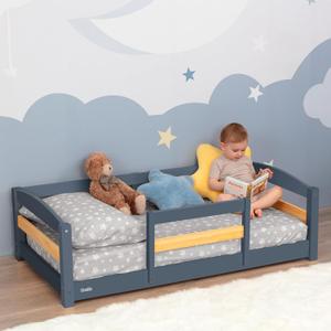 Toddler Bed with Rails | Low Montessori Floor Bed Frame for Kids | Standard Crib Size Wooden Frame for Independent Toddlers 1-3 - Gray