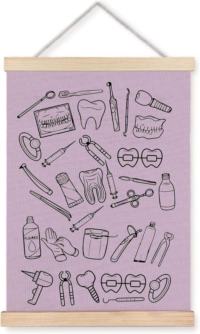 ignytiger Dental Office Decor, Dental Wall Art Poster Framed, Dentist Tools Purple Canvas Wall Art Prints for Hospital Office Decor, 12x16 Inches