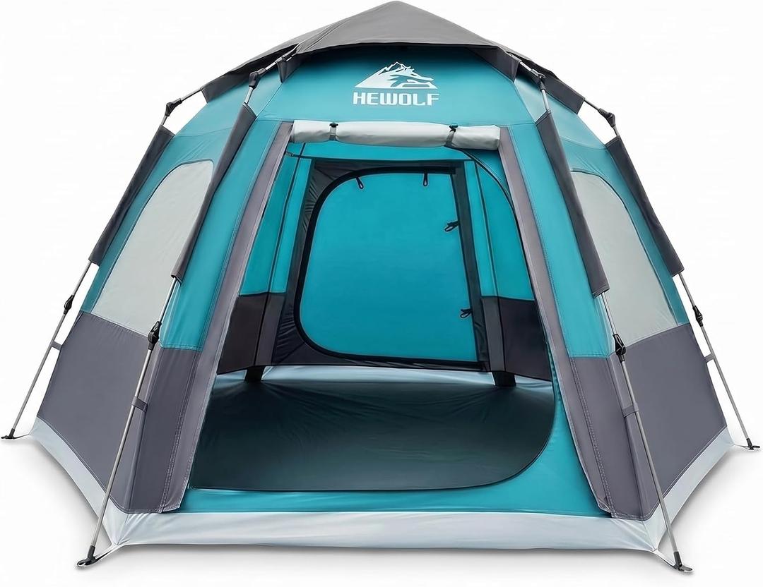 Hewolf 4 Person Camping Tent - Instant Pop Up Waterproof 2 Doors Tent with Easy Setup | 3-Season Hexagonal Dome Design for Family, Hiking & Traveling