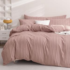 JELLYMONI Duvet Cover Queen Size Smokey Pink - 3PCS Boho Striped Duvet Cover Set Polyester Tufted Bohemian Textured Comforter Cover 9090in with Corner Ties & Zipper and 2 Pillowcases