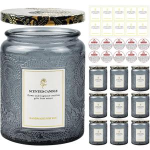 8.8OZ, 9 Pack Embossed Candle Jars for Making Candles, Empty Glass Containers with Tin Lids and Sticker Label, Warning Label for Candle Making Candle DIY Craft (Grey)