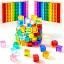 Meooeck 100 Pcs Colored Acrylic Gem Cube Blocks, Translucent Rainbow Building Stacking Sensory Train Toy with Wooden Storage Box for Toddler Kid Montessori School Classroom (Cube), 2.5 Cm X 2.5 Cm X 2.5 Cm
