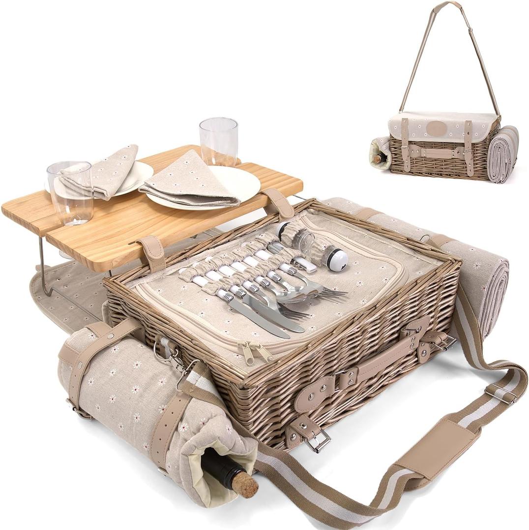 Multifunctional Wicker Picnic Basket Set for 2 with Blanket and Picnic Table, Insulated Picnic Set with Full Tablewares for Camping Outdoor Couples, Flowers