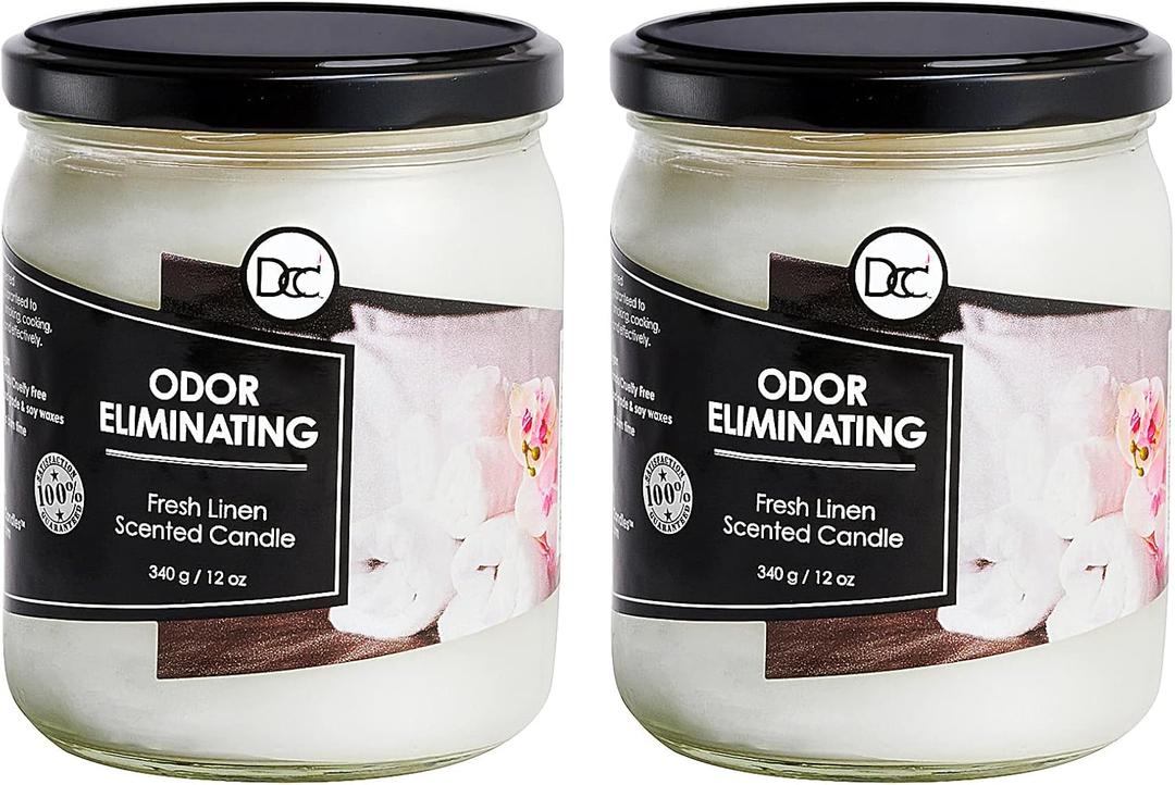 Fresh Linen Two Pack Odor Eliminating Highly Fragranced Candle - Eliminates 95% of Pet, Smoke, Food, and Other Smells Quickly - Up to 80 Hour Burn time - 12 Ounce Premium Soy Blend