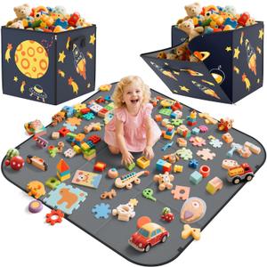 YOHOOLYO 2 In 1 Toy Storage Play Mat, Storage Box for Kids Children Space Adventures Design,Nursery, Playroom, Basket for Building Bricks Blocks Collapsible Cube Bin, 16.9"x16.9"x16.9"