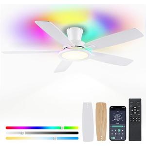 BYKISTOK Flush Mount RGB Ceiling Fan with RGB Light - 52In White Ceiling Fan Light with Reversible Mute Motor, 3CCT LED Dimmable, Low Profile Modern Ceiling Fans for Indoor, Party, Living Room