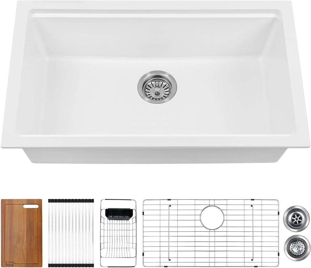 Davivy 30 Inch White Granite Composite Sink Workstation, 30 X 18 White Undermount Kitchen Sink, Dual Mount Installation, Deep Single Bowl with Accessories