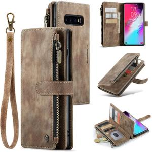 UEEBAI Wallet Case for Samsung Galaxy S10 Plus, Premium Handmade PU Leather Phone Case Card Slots Magnetic Closure Zipper Pocket Kickstand Flip Case with Hand Strap - Vintage Brown