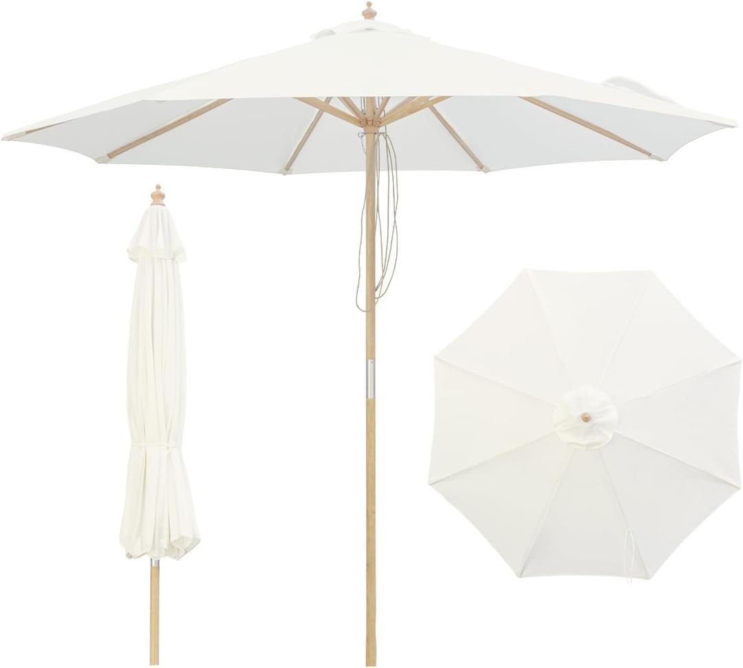 9FT Wood Patio Umbrella, Large Outdoor Table Pool Umbrella | 205G Olefin/180G Polyester Fabric, Push-Pull Operation Market Umbrella, 8 Rib Vented Canopy, Ideal for Patio, Backyard