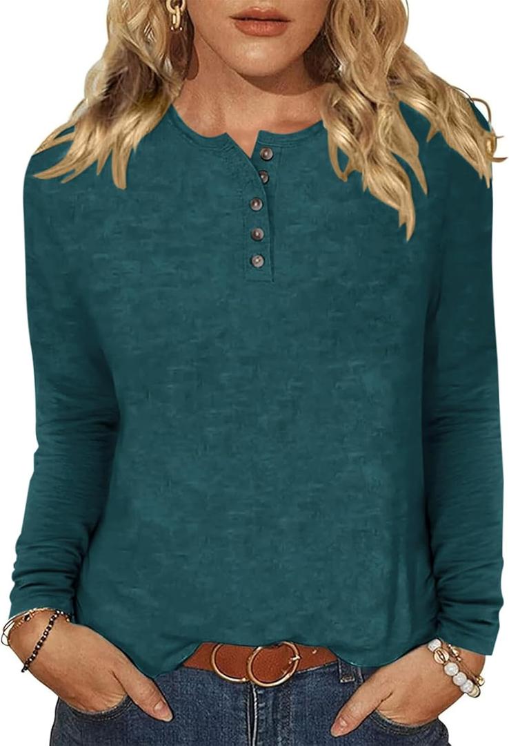 Bluetime Women's Long Sleeve Shirts Fall Henley Dressy Loose Casual Tops Trendy Blouses Basic T-Shirts Outfits Clothes Small