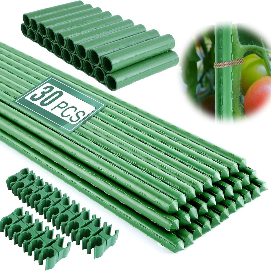 Fabulas Garden Stakes 16 Inch 30 Pack, Diy 4ft 5ft 6ft 7ft 8ft Tomato Stakes Plastic Coated Metal Plant Sticks Stakes Supports with 20 Connectors 15 Rotatable Clips for Indoor Outdoor Plants Vegetable