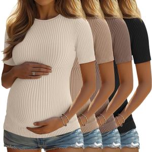4 Pack Women's Maternity Shirts Ribbed Knit Short Sleeve Pregnancy Tops Crew Neck Tunic Tees Casual Summer Clothes (Apricot, Khaki, Coffee, Black)