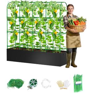 Cucumber Trellis with for Climbing Plants, A-Shape Garden Trellis with Grow Bags, Metal Plant Trellis with Garden Netting for Vegetables Flowers Fruits (U-5 Arches)