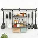NADAMOO Spice Rack Wall Mount, 2-Tier Storage Shelf with Towel Bar, Utensil Hanger with Hooks for Kitchen, Bathroom, Pantry, Laundry, Matte Black Heavy Duty Metal Organizer