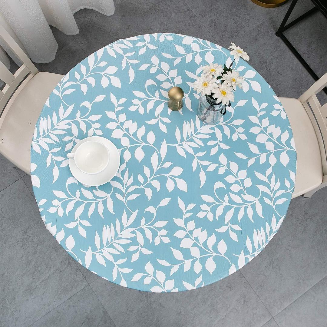 Pioggia Round Vinyl Fitted Tablecloth with Flannel Backing Elastic Table Cloth Waterproof Oil-Proof Plastic Table Cover Best for 25"-31" Round (Blue Leaves)