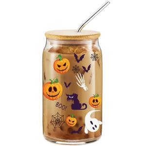 Spooky Halloween Glass Tumbler 16oz - Pumpkin Ghost Skull Cat Design w/Lid & Straw | Goth Fall Cup,Gift for Her, Women & Teens