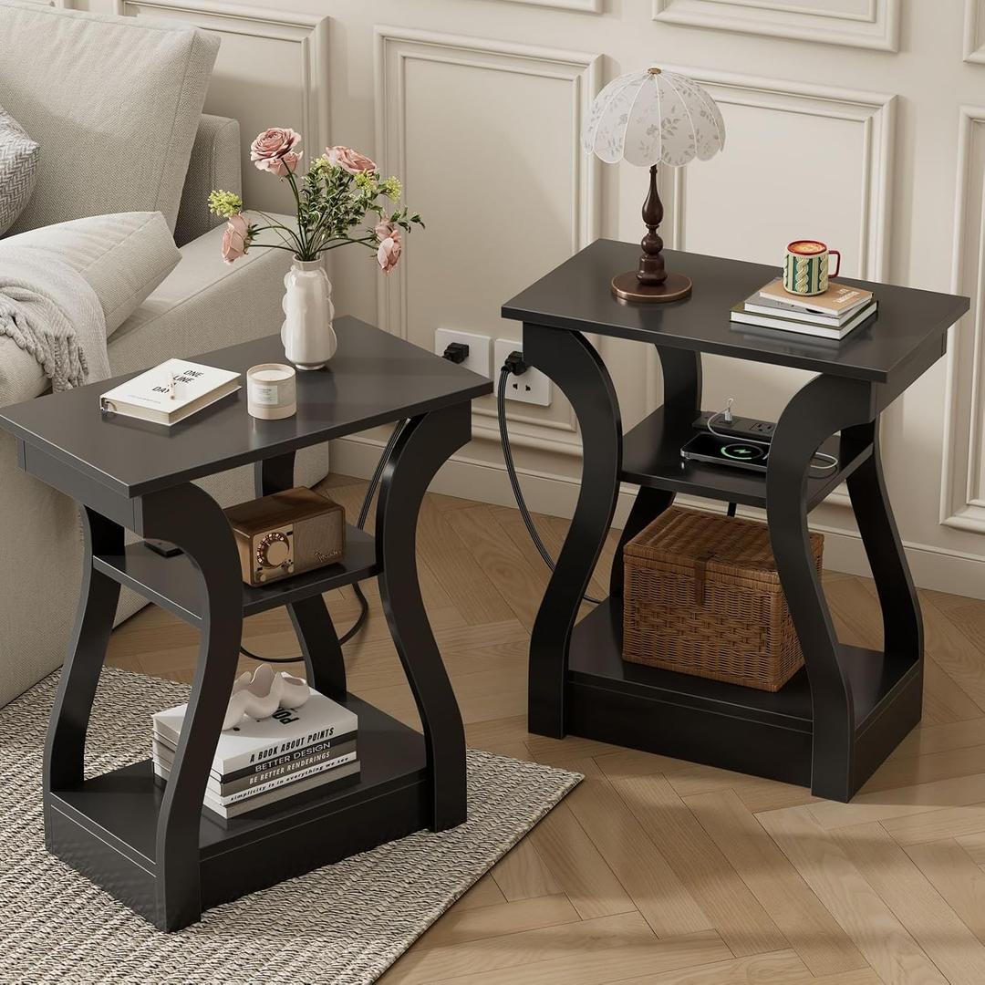 OLIXIS End Table with Charging Station, Modern Curved Nightstand Set of 2, 2 Pack