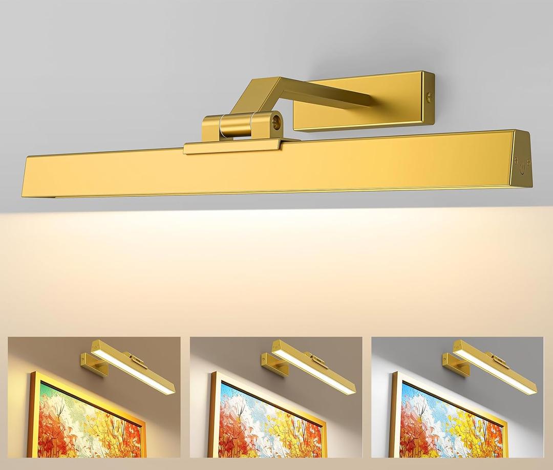 Picture Lights Wall Light 16in CCT Gallery Light | Battery Operated, Timer, Remote Control, Adjustable Brightness, Long Lasting, for Wall, for Paintings, for Living Room, Art, Dartboard, Decor (Gold)