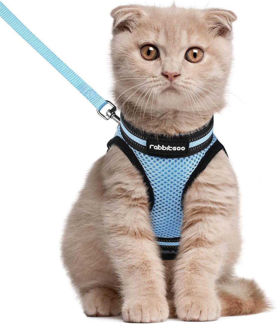 rabbitgoo Cat Harness and Leash Set for Walking Escape Proof, Adjustable Soft Kittens Vest with Reflective Strip for Cats, Comfortable Outdoor Vest, Light Blue, Large