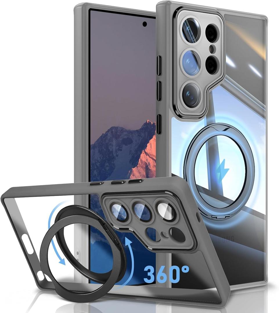for Samsung Galaxy S25 Ultra Magnetic Clear Case with Stand [Compatible with MagSafe] Upgraded 360 Rotatable Ring Holder Kickstand, Military Drop Protection Slim Phone Cover, Grey