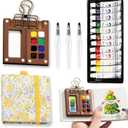 Mini Portable Watercolor Palette Set-Grid Paint Box with Binder Clips Include 12 Colors Paint - Brush*3 and Picture Album Art Materials Coloring Markers for Travel, Creative Drawing Kit for Beginners and Art Enthusiasts(Yellow Wood-S)