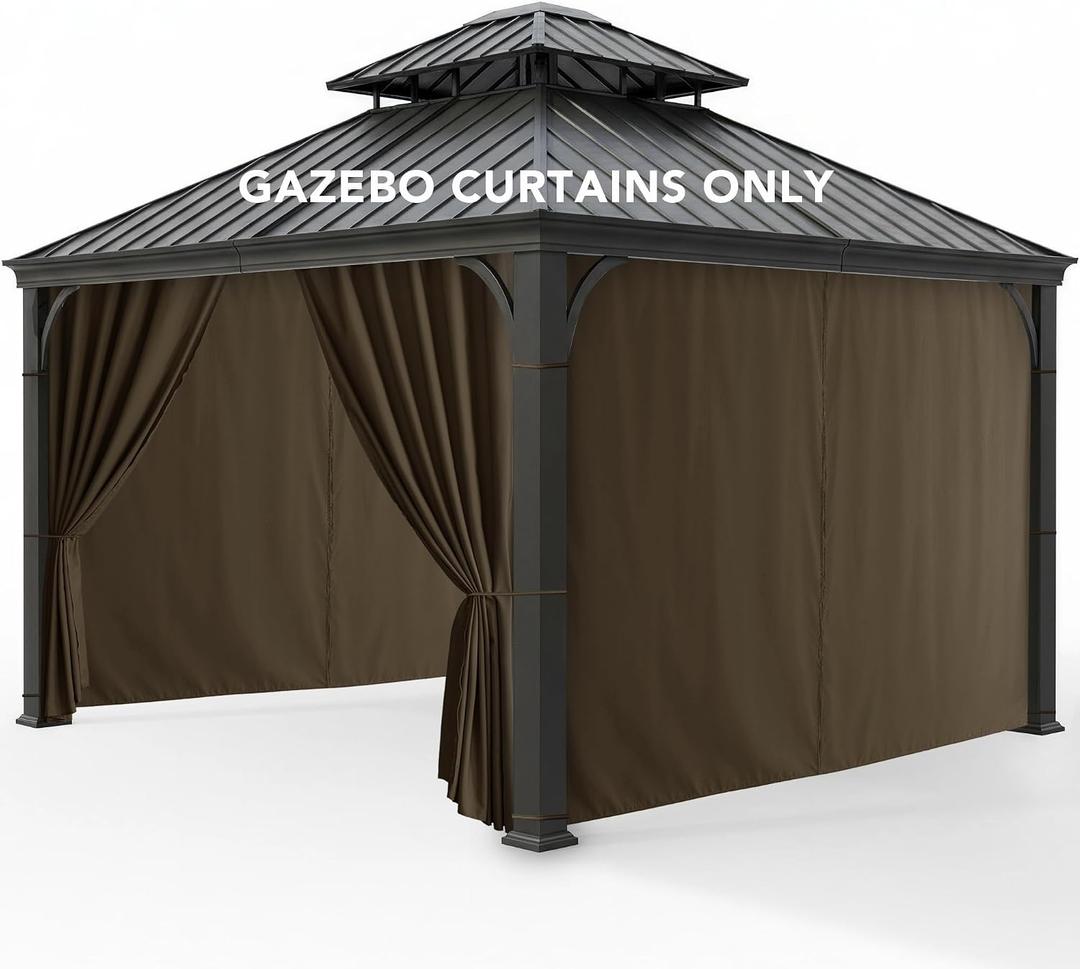 Gazebo Curtains Outdoor Waterproof - 10'Wx10'Lx7'H Weatherproof Patio Pergola Outside Curtains, Gazebo Universal Replacement Privacy Curtains, 4 Panels Sidewall Drapes with Zipper, Brown