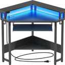 Rolanstar Corner Desk,44.5" W x 34.5" H Small Computer Desk with Power Outlets, Gaming Desk with LED Lights, Triangle Corner Table with Keyboard Tray & Monitor Stand for Small Space, Black