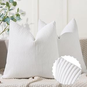 YCOLL White Pillow Covers 16x16 Set of 2 Velvet Striped Pattern - Soft Throw Pillows for Home Decor, Luxury Decorative Pillow Covers for Couch, Bed,Living Room