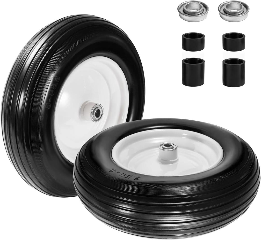 (2-Pack) Fits 4.80/4.00-8, 3.50/2.50-8, 4.00-6, 4.00-8 Wheelbarrow Wheels,14.5" Wheelbarrow Flat Free Tire, with 3/4" & 5/8" Bearing,3" Hub for Garden Cart Trolley Wagon Lawn Mower