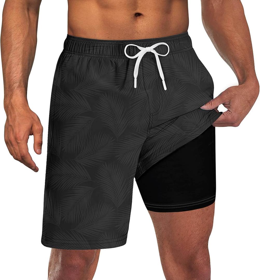 Goodstoworld Men's Funny Swim Trunks with Compression Liner 2 in 1 Quick-Dry 9" Stretch Shorts with Three Pockets (XL)