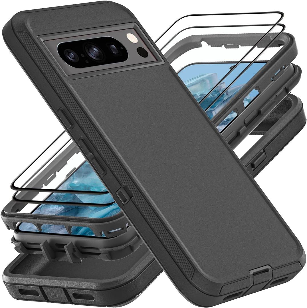 for Google Pixel 8 Pro Case, Military Grade 3 in 1 Heavy Duty Shockproof/Drop Proof/Dust Proof Case with 2Pcs Tempered Glass Screen Protector (Black/Black)
