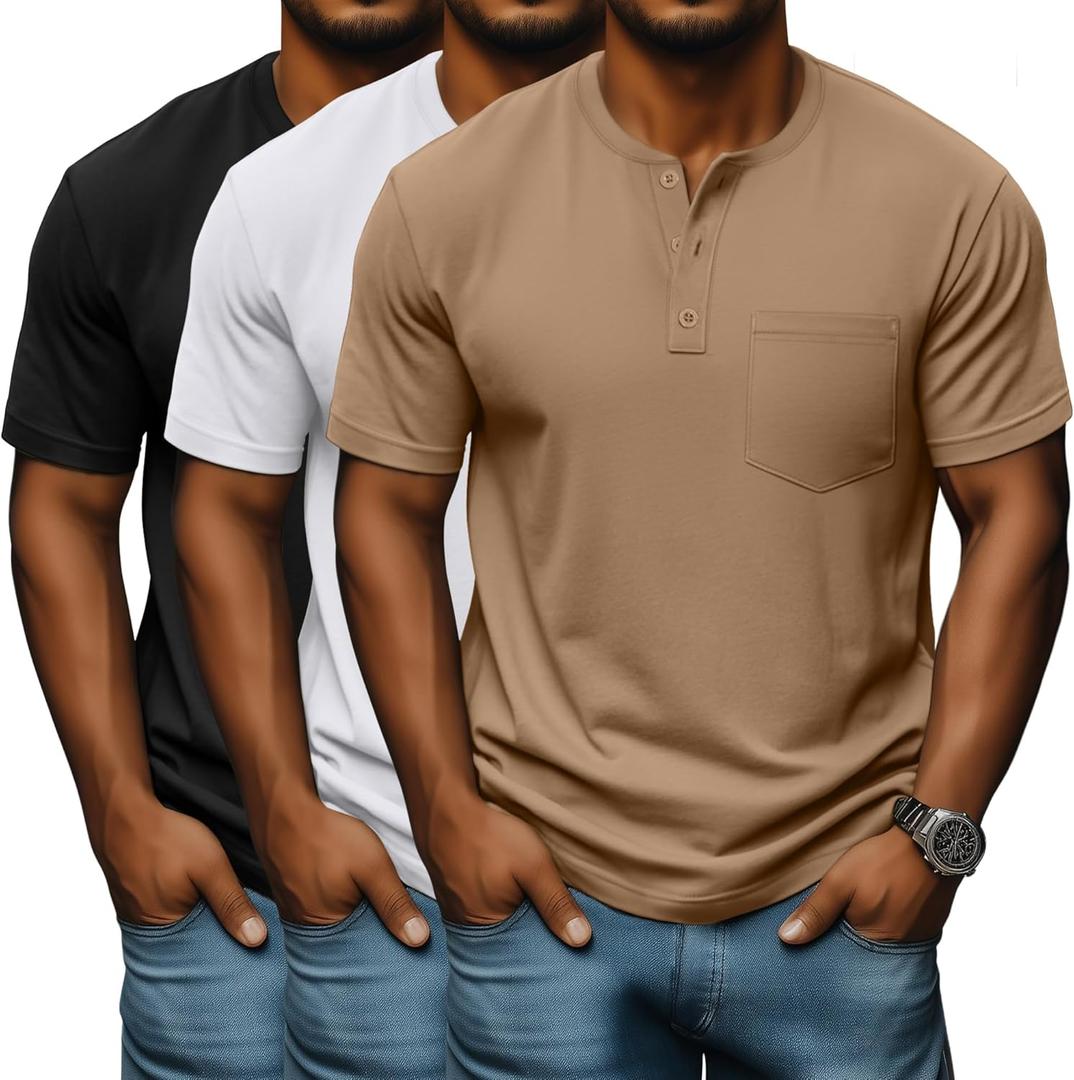 Neer  Pack Men's Big and Tall Henley T-Shirts, Short Sleeve Cotton Pocket Oversized Tops Casual Summer Soft Loose Basic Tees(Black, Khaki,3X-Large)