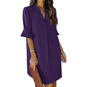 QACOHU Summer Dresses for Women V Neck Ruffle Short Sleeve Casual Shift Dress (Purple, L)