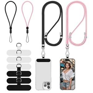 Lousrnman Cell Phone Lanyard, Universal 2× Phone Crossbody Lanyard for Men and Women, 2× Wrist Phone Strap and 6× Upgraded Connectors Compatible with Most Phones (Black Light-Pink)