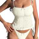 ZAFUL 2026 Tankini Swimsuits for Women Mesh Hollow-Out Tank Style Bow Knotted Decor Tie Side High Cut Tankini Set (Medium)