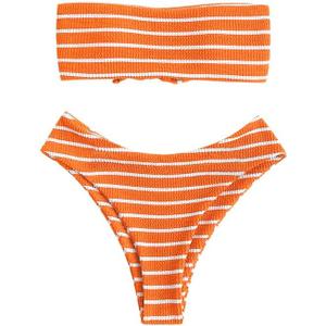 ZAFUL Women Strapless Ribbed High Cut Bandeau Bikini Lace Up 2 Pieces Swimwear (Orange, S)