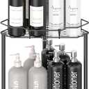 HuggieGems 2 Tier Floor Standing Corner Shower Caddy Organizer Shelf with Hooks, Bathroom Shelves Stand Rack, Matt Black