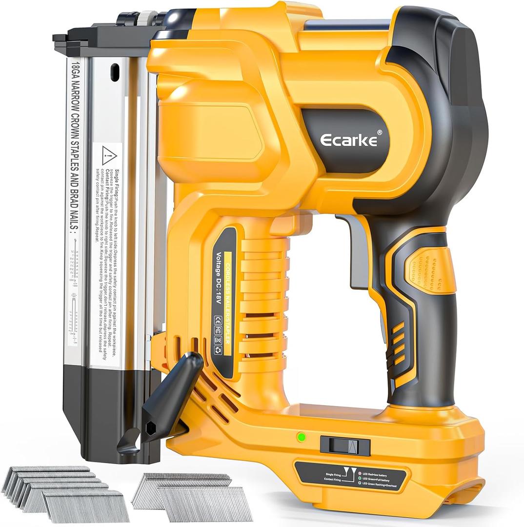 Cordless 2" Brad Nailer Compatible with DeWalt 20V Battery(No Battery), Ecarke 2 in 1 Electric Nail Gun Staple Gun with 18GA Nails/Staples, Battery Power Nail Gun for Trim Wood Crafting Home Carpentry