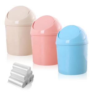 3Pcs Small Trash Can with Swing Lid, Mini Desktop Garbage Cans, Plastic Trash Bin with 180 Garbage Bags, Decorative Tiny Wastebasket for Bedroom, Office, Kitchen, Bathroom (3 Colors)