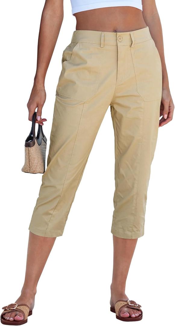 GRAPENT Capri Pants for Women High Waisted Relaxed Fit Elastic Waist Casual Capris Trousers Crop Chino Pants with Pocket (Beige, XL)