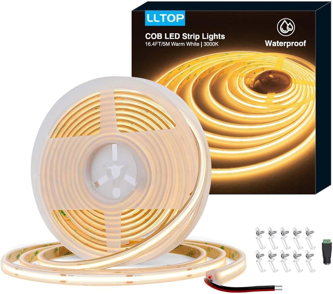 LLTOP COB LED Strip Lights Waterproof IP67 DC24v Warm White 3000K 16.4ft/5m High CRI 92Ra+ Outdoor LED Tape Lighting DIY Cuttable for Bedroom Kitchen Cabinet Shelf (Power Supply Not Included)